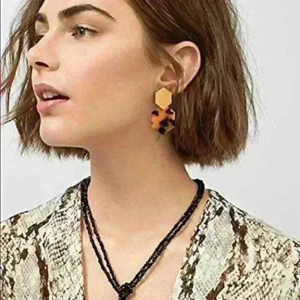 Acrylic resin tortoise brown gold hexagon earrings
